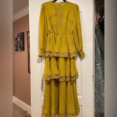 Tiered Gold Gown. Stretches At Waist Elegant Yellow Tiered Maxi Dress, Fitted Tiered Spring Gown, Fitted Tiered Gown For Spring, Spring Tiered Fitted Gown, Spring Yellow Evening Gown, Spring Evening Tiered Gown, Elegant Tiered Spring Gown, Chicwish Dress, Gold Gown