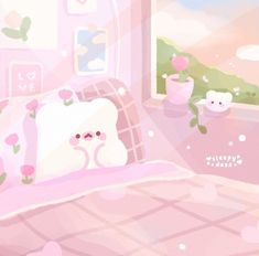 a pink bedroom with two teddy bears on the bed and one bear in the window