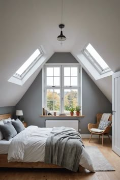 an attic bedroom with skylights and a bed in the corner, along with a chair