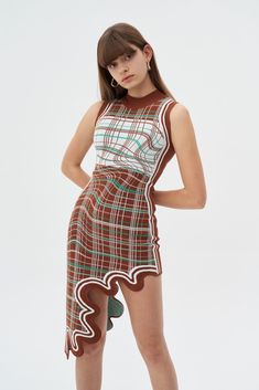 MIA SIGNATURE WAVY PLAID DRESS IN ECO YARN – PH5 Asymmetric Dress, Brown Outfit, Futuristic Fashion, Brown Plaid, Optical Illusion, Side Stripe, Plaid Dress, Measurement Length, Asymmetrical Dress