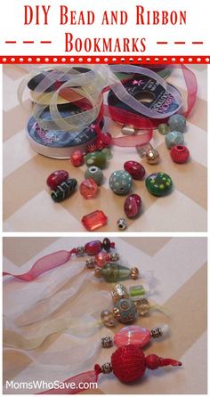 some beads and ribbons are laying on the floor next to each other with text overlay that reads diy bead and ribbon bookmarks