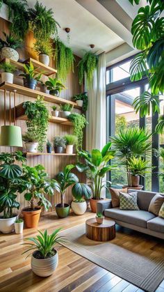 a living room filled with lots of plants and potted plants on top of shelves