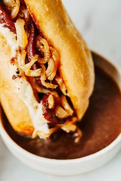 a close up of a sandwich in a bowl