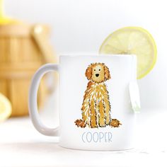 a coffee mug with a drawing of a dog on it