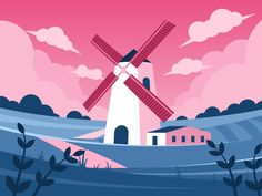 a windmill in the middle of a field with trees and bushes around it, against a pink sky