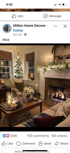 a living room filled with furniture and a fire place in front of a christmas tree