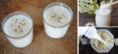 there are three different shots of milk and flowers