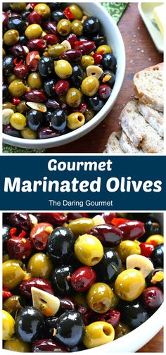 two pictures with different types of olives in them and the text gourmet marinated olives