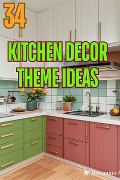 the kitchen decor theme is green and pink