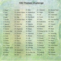 the 100 themes challenge is shown in green and blue tones with white writing on it