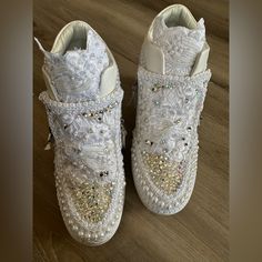 I Made Multiple Pairs Of Sneakers For My Wedding. I Ended Up Only Using One. This Is One Of The Pairs I Didn’t Use Very Comfortable Never Worn 7 1/2 One Of A Kind. Bedazzled Wedding Sneakers, Sneakerball Party Outfits, Embellished Low-top Wedding Sneakers, White Custom Sneakers With Rhinestones For Wedding, White Low-top Custom Sneakers With Bling, Wedding Sneakers For Bride, Pearl Embellished Lace-up Wedding Sneakers, Bride Sneakers, Bridal Sneakers