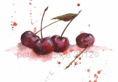 watercolor painting of three cherries on white paper