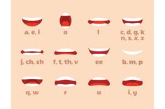 an alphabet with different types of teeth and mouth shapes in red, white and beige colors