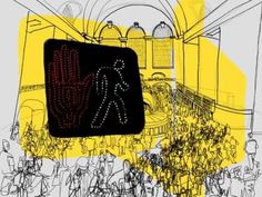 a drawing of people walking around in a room with yellow walls and black letters on the wall