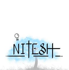 the word nitesh written in black on a white background with a tree and light bulb above it