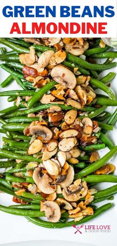 green beans and almonds on a white plate with text overlay that says green beans and almonds