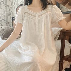 Lasaky - Cotton Short-Sleeved White Sleepwear Dress: Sweet and Elegant Royal Court Style, Suitable for Both Indoor and Outdoor Wear White Sleepwear, Terry Cloth Dress, Fairy Outfit, Sleepwear Dress, Vintage Nightgown, Royal Court, Outdoor Wear, Kimono Fashion, Summer Cotton