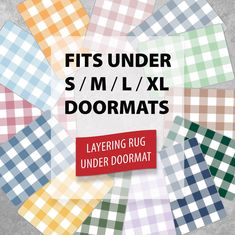 a pile of plaid fabric with the words fits under s / m / l / xxl doorsmats