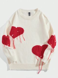 Men's Casual Pullover Sweater With Heart Pattern Round Neckline, School White Casual  Long Sleeve Knitwear Heart Pullovers Non-Stretch  Men Clothing, size features are:Bust: ,Length: ,Sleeve Length: Heart Outfit Men, Love Core Outfits Male, Lovecore Outfits Men, Valentines Day Outfits Men, Preppy Heart, Casual Pullover Sweater, Street Life, Crewneck Design, Casual Sweater