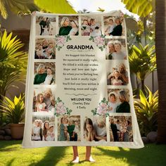 a woman is holding up a blanket with pictures of her family and the words grandma on it