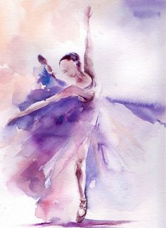 a watercolor painting of a ballerina in purple and pink dress with her arms outstretched