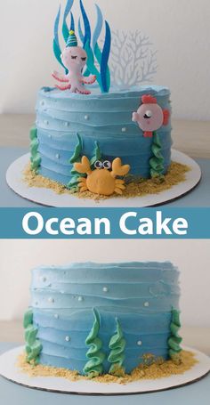 two cakes with blue frosting and sea animals on them