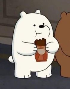 two cartoon bears are eating chocolate and one bear is holding something in his hand while the other stands behind him