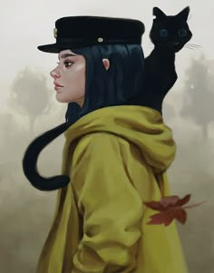 a painting of a woman with a cat on her back