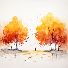 watercolor painting of two trees and a person standing in the distance with an orange sky behind them