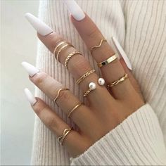 Make A Bold Fashion Statement With This 10-Piece Ring Set. Wear Just A Few Or All Of The Pieces Together To Create A Look That’s All Your Own. Hollow Ring, Midi Ring Set, Gold Color Ring, Bezel Set Ring, Geometric Heart, Geometric Ring, Gold Ring Sets, Matching Rings, Chain Ring