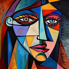 an abstract painting of a woman's face with blue, yellow and red colors