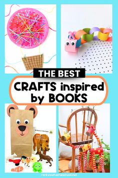 4 examples of crafts inspired by books for kids with hot air balloon, paper chain caterpillar, brown bear paper bag puppet, and giraffe marionettes. Book Inspired Crafts For Preschool, 1st Grade Book And Craft, Book Character Crafts, Story Book Crafts, Preschool Book Crafts, Preschool Books With Crafts, Book Club Activities For Kids