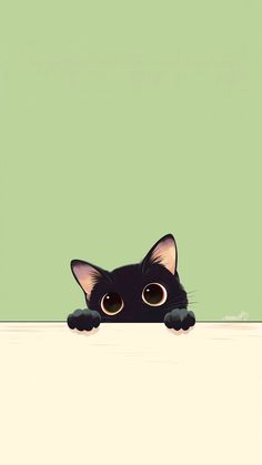 a black cat with big eyes peeking out from behind a white wall and green background