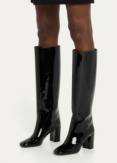 Saint Laurent Who Patent Block-Heel Knee Boots - Bergdorf Goodman Patent Boots Outfit, Leather Boots Outfit, Shoes Closet, Patent Boots, Patent Leather Boots, Shoe Closet, Closet Design, Boots Outfit, Bergdorf Goodman