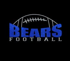 the bears football logo is shown on a black background with blue glitter letters and an image of a football