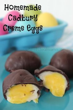 homemade cadbury creme eggs on a blue plate