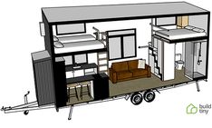 the tiny house is built on wheels and has an open floor plan