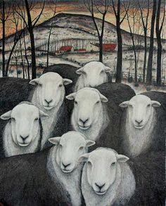 a drawing of sheep standing in the middle of a field