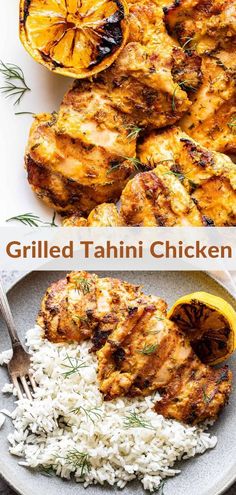 grilled tahitii chicken with rice and oranges on the side, served over white rice