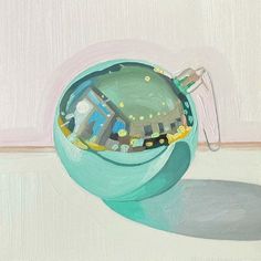 an oil painting of a teal cup filled with items