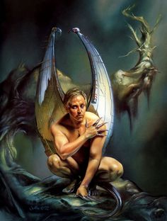 a painting of a man sitting on top of a dragon