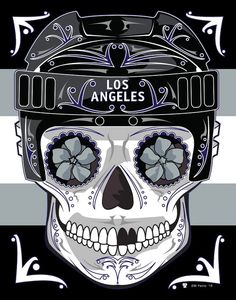 a skull wearing a helmet with the los angeless written on it's side