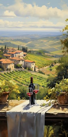 a painting of a wine bottle and glass on a table with a view of the countryside