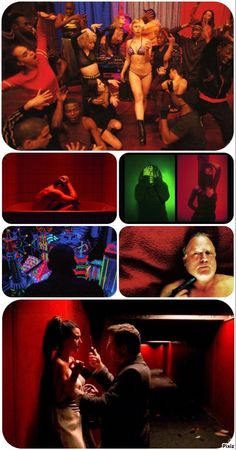 several different images of people dancing in a room with red walls and black flooring