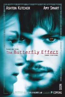 the butterfly effect movie poster with two men looking at each other and one man's face