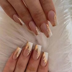 Gold Foil French False Nail Long Coffin Press on Nails for Nails Art 24pcs Fake Nails White, Bridal Nail, Short Fake Nails, Nail Tape, Nagel Tips, Coffin Press On Nails, Fake Nails With Glue, Color Nails, Nail Art Hacks