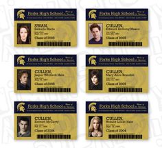 four yellow and blue ticket cards with the faces of actors from tv series, twilight