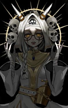 a woman with horns and skulls on her head is holding two knives in front of her face