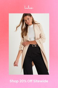 Brave the elements while staying stylish in the Lulus Winnipeg Beige Trench Coat! Sleek woven fabric shapes this chic trench coat with long sleeves, a pointed collar, and vertical welt pockets. Classic trench details like a storm flap, back vent, and sash belt with D-ring closures, complete this staple coat! Fit: This garment fits true to size. Length: Mid-thigh. Size medium measures 32" from shoulder to hem. Bust: Great for any cup size. Waist: Loosely Fitted. Hip: Not Fitted - room for hips. Fabric: Fabric has no stretch. Unlined. 97% Polyester, 3% Spandex. Hand Wash Cold. Do Not Bleach. Line Dry. Iron Low Heat. Imported. Lulus | Winnipeg Beige Trench Coat.