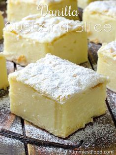 vanilla custard slice with powdered sugar on top